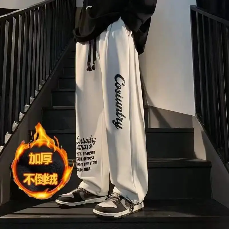 Autumn Winter New Elastic Waist Sweatpants Y2K Man High Street Casual Loose Printing Pockets Thick Warm All-match Straight Trous