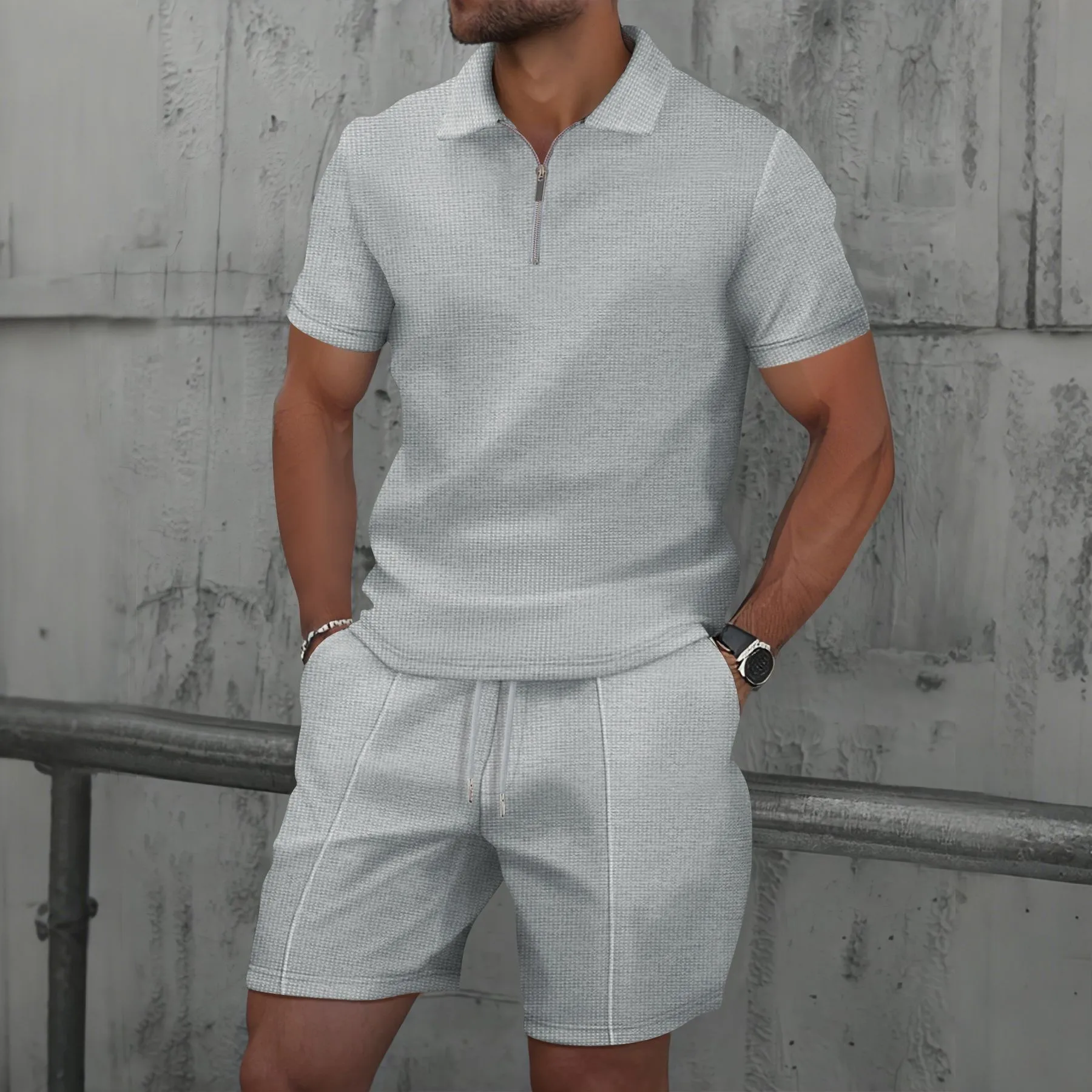 2025 Men Europe and the United States new summer Waffle solid color zip-up lapel short-sleeve suit shorts two sets 6