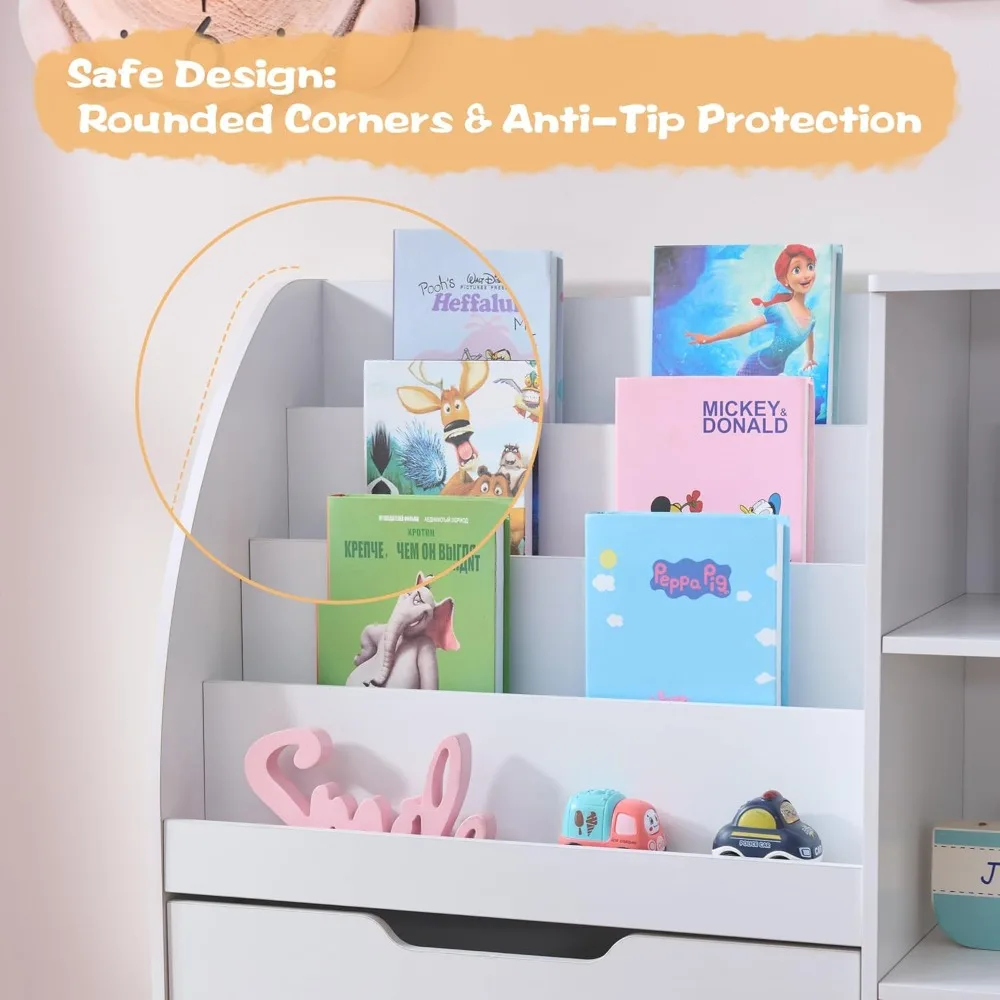 58.5'' Kids Bookshelf Toy Storage Organizer with Movable Drawer & Bins, White Playroom Bedroom Furniture