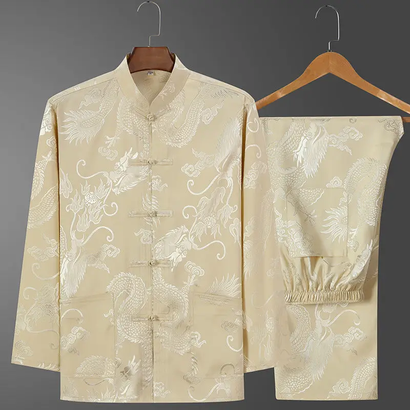 Men Tang Suit Long Sleeve Mandarin Collar Hanfu Cheongsam Satin Set Vintage Tai Chi Casual