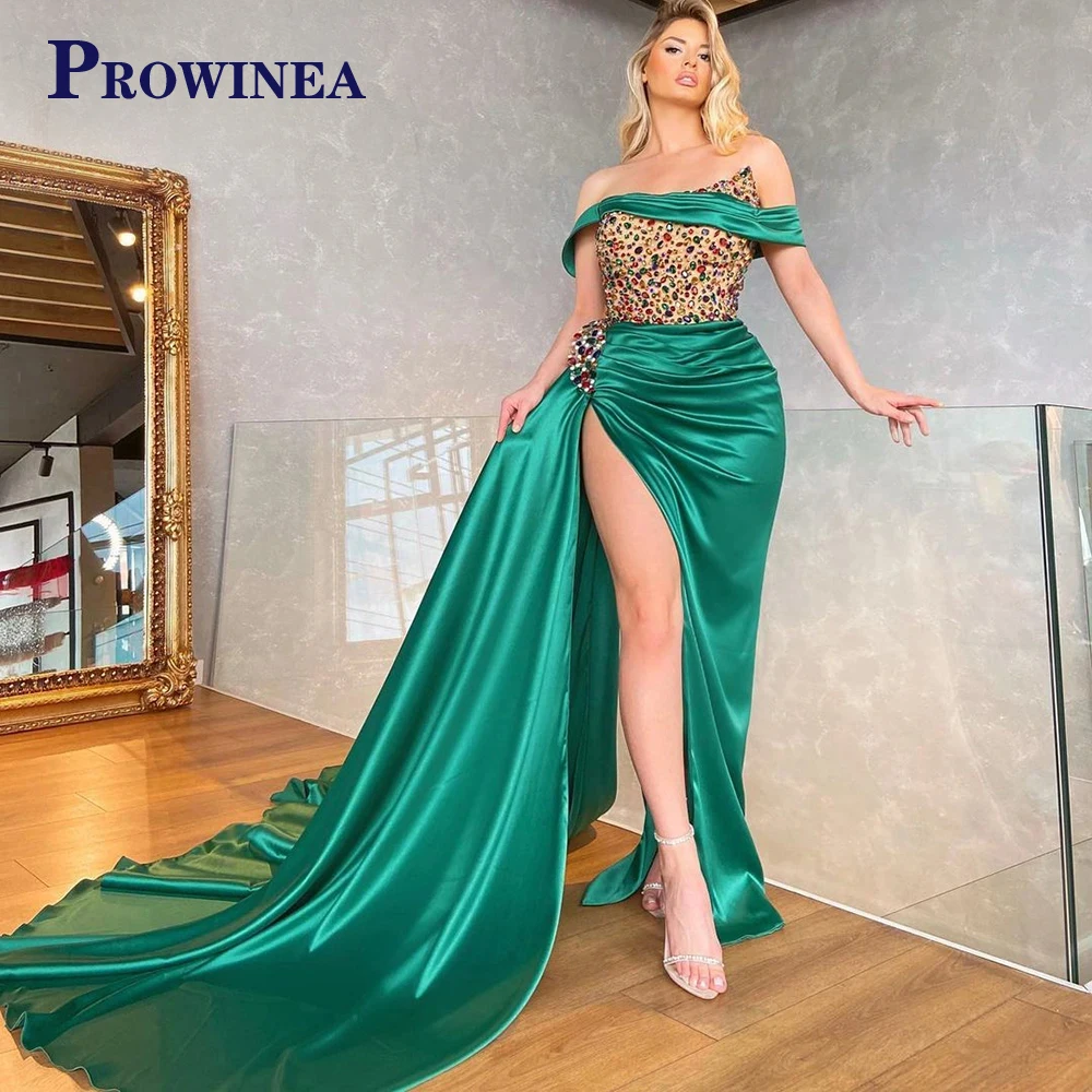 Prowinea Trendy Off-the-shoulder Celebrity Dress Crystals Mermaid Slit Satin Pleat Sweep Train Robes de Soiree Made to Order womens dress
