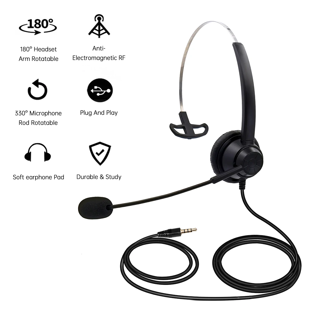 3.5mm Wired Computer Headset with Microphone Universal Office Call Center Single-Sided Headphone Suitable for PC Laptop Gaming