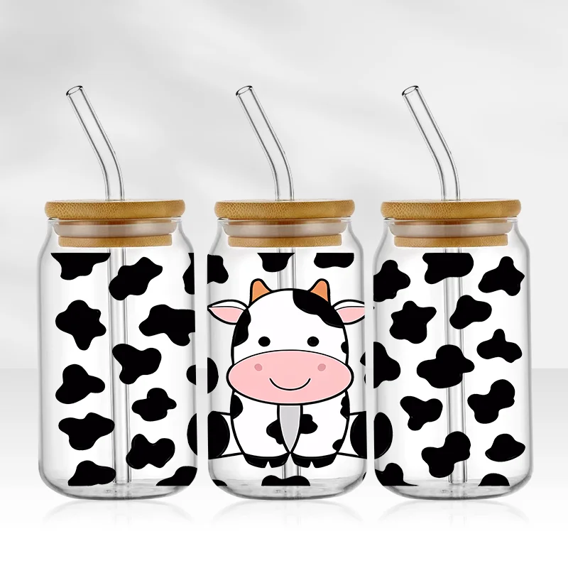 Cute Cow Sticker UV DTF Transfer Wraps Print For Glass Cups 16OZ Pink Fashion Animal DIY Glass Can Bottle Waterproof Decals