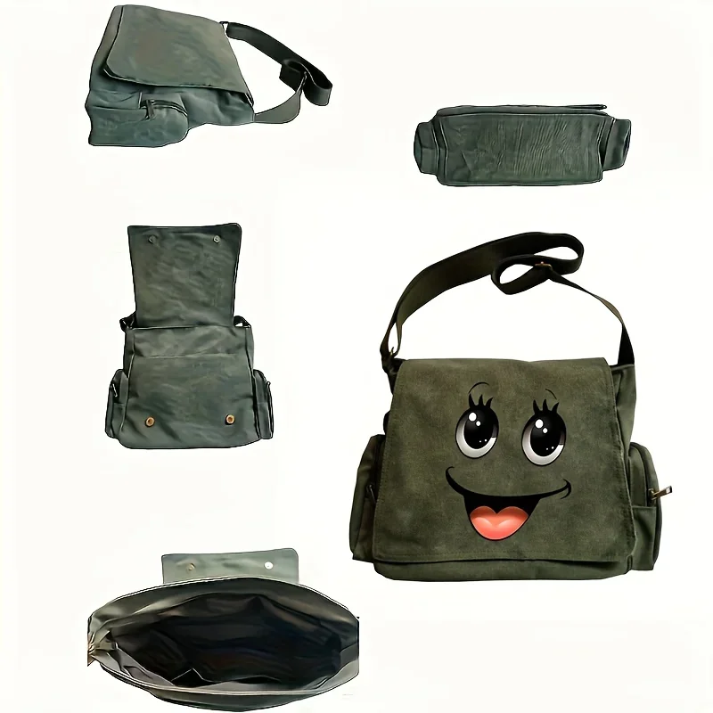 Cute Cartoon Print Adjustable Crossbody Shoulder Bag Large Capacity Canvas Bag Shopping Travel Bag For Women