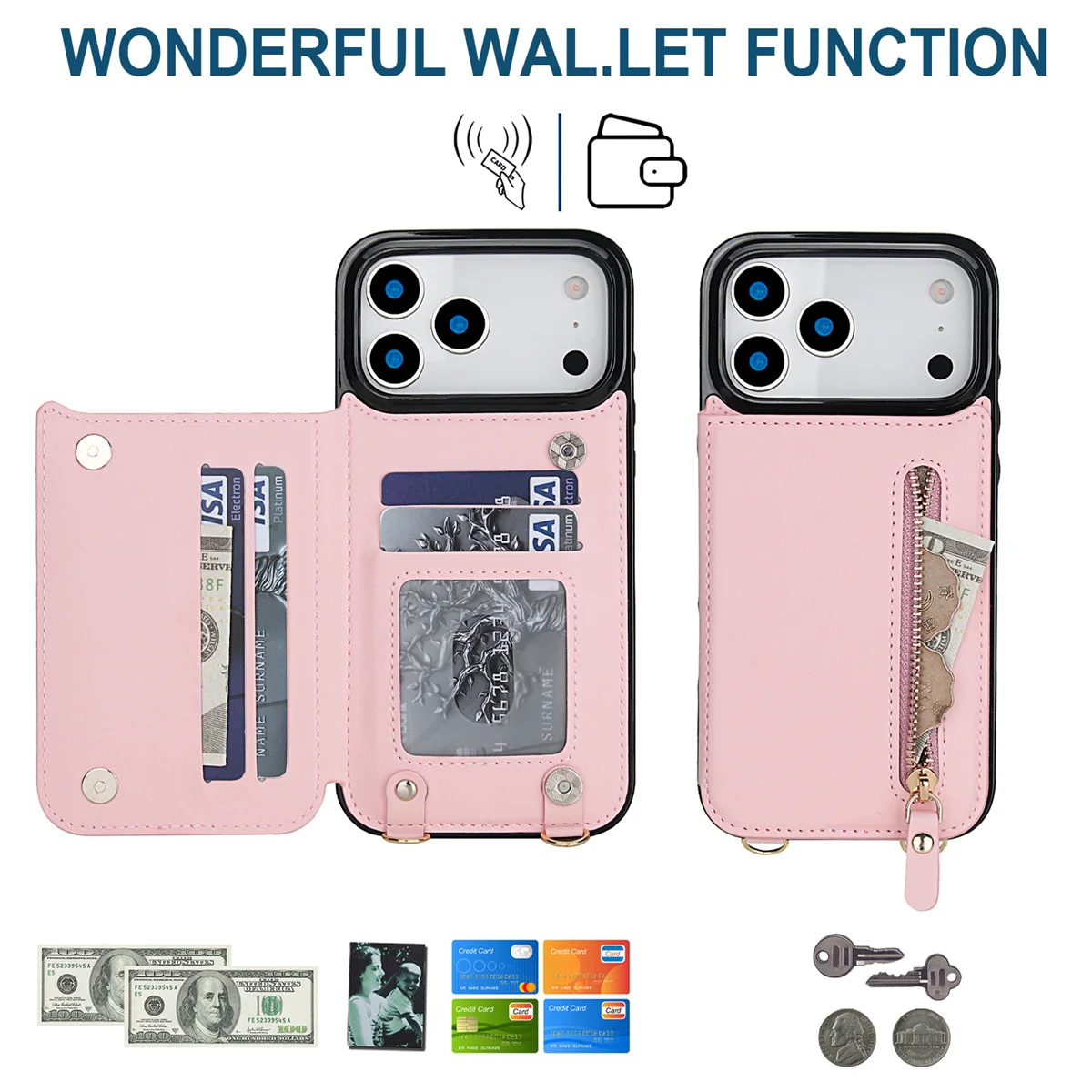 Elegant Leather Crossbody Zipper Wallet with RFID Protection and Card Slots