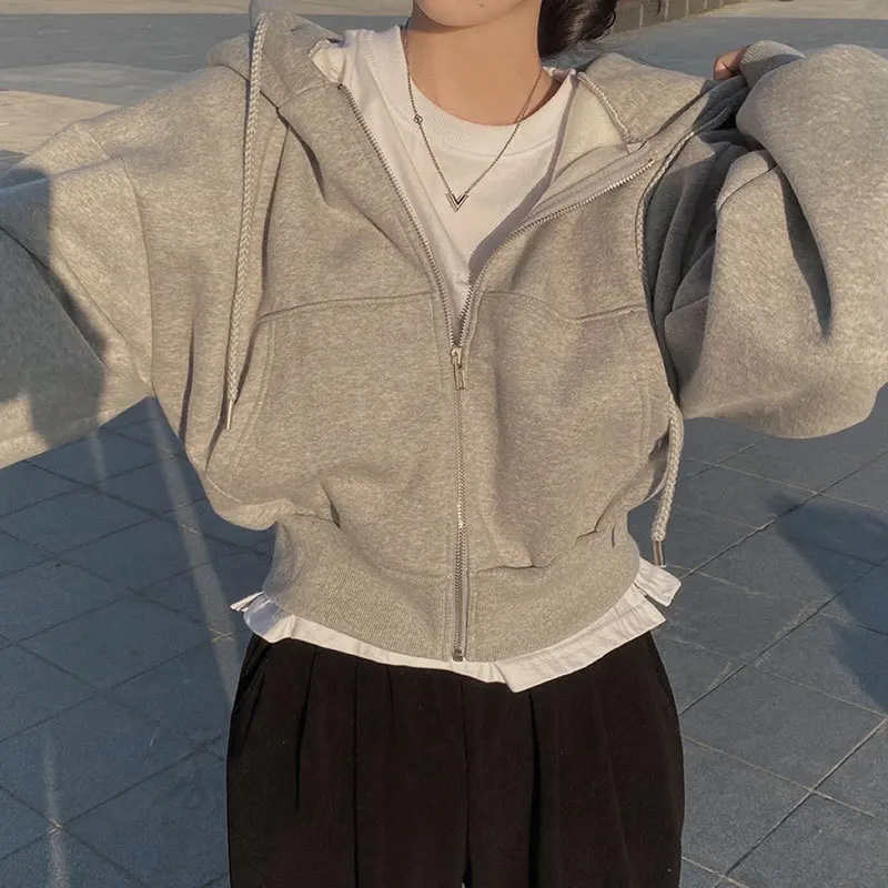 Women Hoodies 2023 Autumn Retro Solid Color Zip Up Oversized Sweatshirts Harajuku Korean Version Long Sleeve Hooded Jackets Coat
