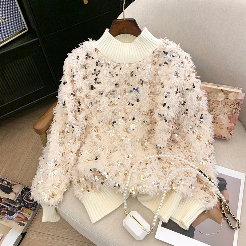 

Atmosphere Heavy Industry Sequin Sweater Loose Lazy Style Pullover Women's Autumn/Winter O-Neck Long Sleeved Tassel Knitted Top