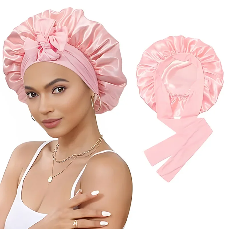 Women Double Layer Satin Sleep Cap with Ribbon Bow Wide Brim Bonnets Hair Care Scarf for Beauty Reversible Head Cover Night Hat 6