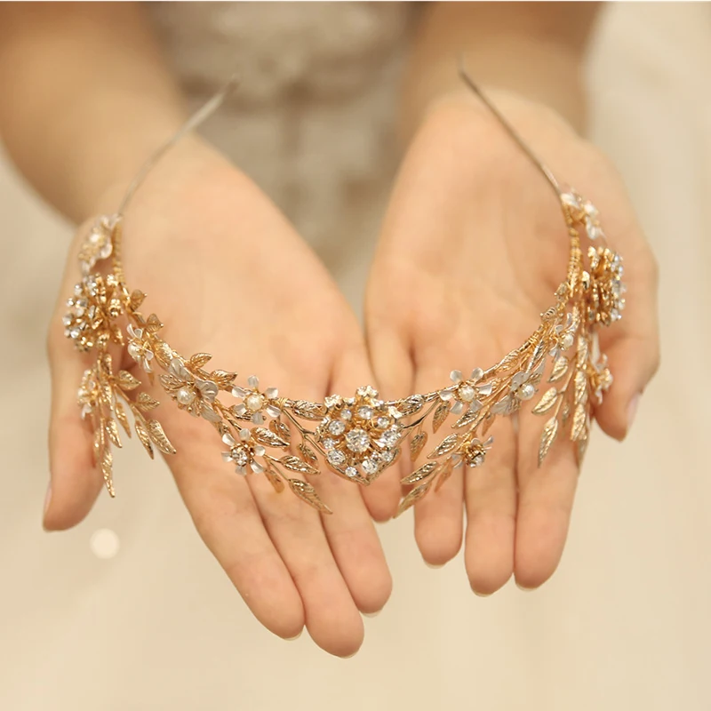 Gold Color Leaf Tiara Wedding Hair Crown Floral Bridal Hairband Handmade Headpiece Women Party Prom Hair Tiaras
