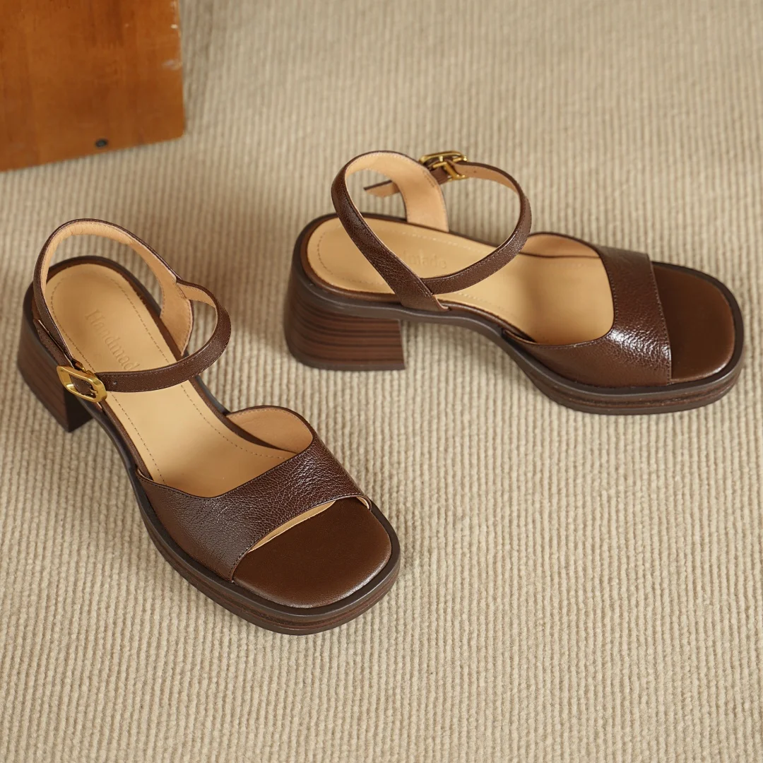 Women's genuine leather ankle strap open toe sandals 6cm chunky heel platform female summer pumps heeled OL style daily shoes