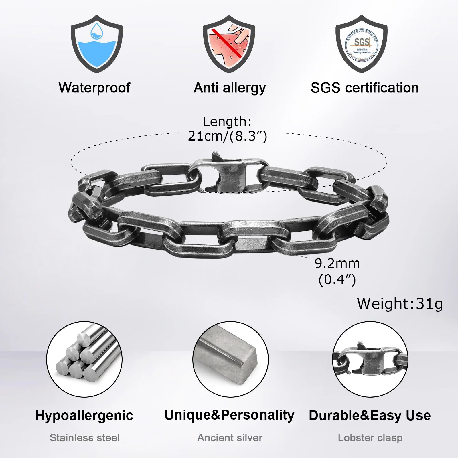 Vnox Punk Heavy Rectangular Link Chain Bracelets for Men Teens Boys Vintage Oxidized Paperclip Chain Wristband Chunky Jewelry