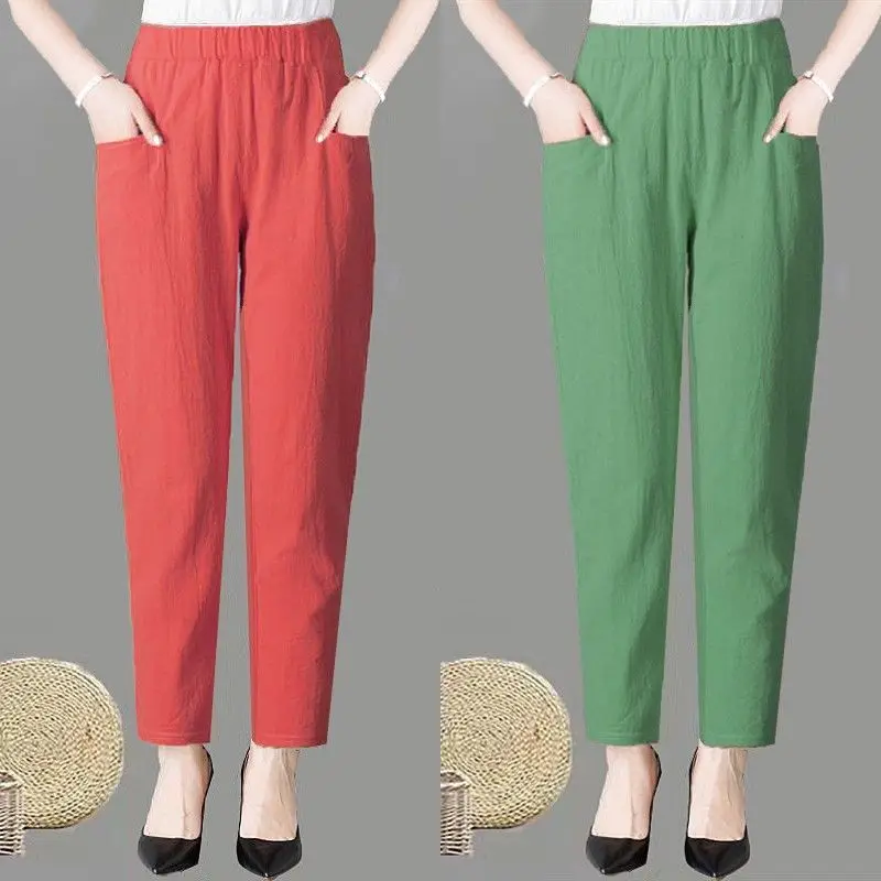 Large Size Korean Casual Thin Cotton Linen Pants Women Spring Summer Elastic Waist Ankle-Length Pants Woman Harem Trousers