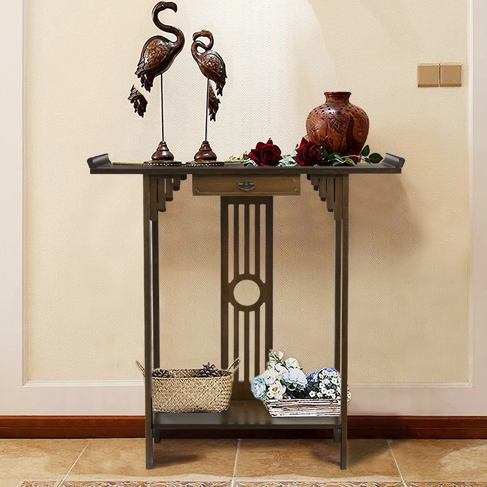 Chinese Porch Table Foyer Bracket Console Table Rustic Bamboo Small Space Side Stand Storage Drawers Foyer Livingroom