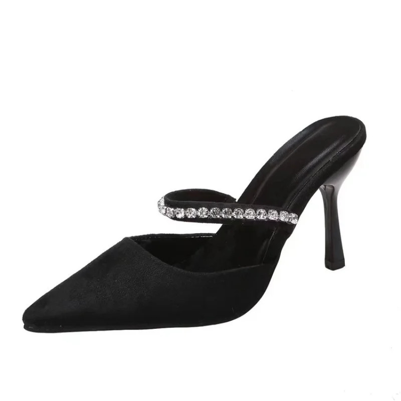 Black high-heeled shoes women's spring stiletto pointed toe pumps satin rhinestone glitter mules pumps women high heels