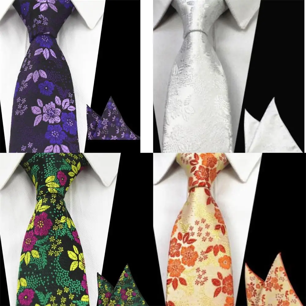 Ricnais Classic 8cm Necktie Floral Silk Tie Pocket Square Set For Mens Business Hanky Neck Ties Gifts