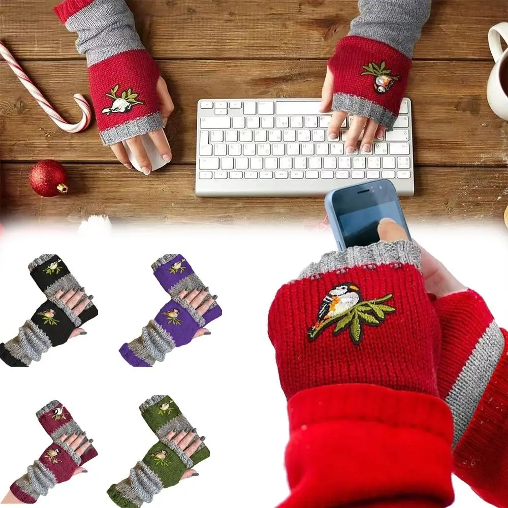 Fashion Embroidered Bird Knit Mittens Warm Soft Half Finger Gloves Fingerless Gloves for Men Women
