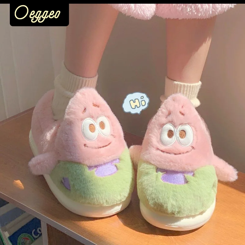 

Сетчатые красные плюшевые домашние туфли oeggeo shop с мультяшным рисунком, мужские и женские тапочки, Зимняя Теплая обувь на толстой подошве