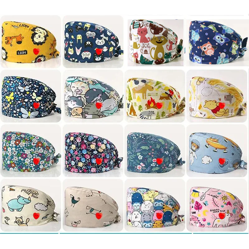 Scrub Caps Women Cartoon Print Dentist Medical Surgical Caps Beauty Salon Nurse Pet Clinic Hats Operating Room Anesthetist Hat medical scrub hats