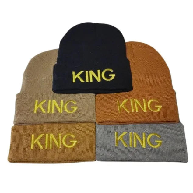 

New Fashion Winter Beanies Cheap Couples King Queen letters Embroidery Knitted Hat Men Woman Warm Curled Ski Skullies Bonnet