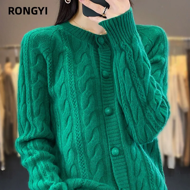 RONGYI 100% 울 캐시미어 가디건, 라지 사이즈 트위스트 코트, 하이엔드 니트웨어, 스웨터 셔츠, 루즈한 여성 두꺼운 상의, 가을 겨울 신상
