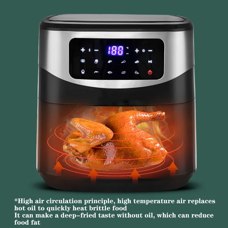 1600W Household Air Fryer 8L Touch Screen Panel Air Fryer Capacity Pizza Oil-Free Salt-Free Cookware Touch Screen Electric Fryer 3
