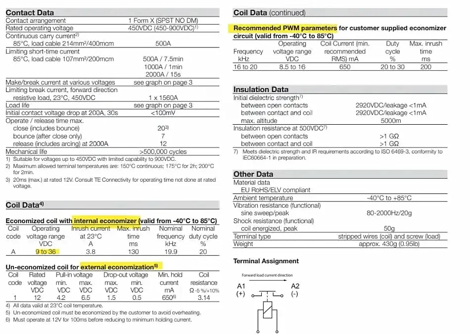 Description Picture 3 of itemEVC500 2299223-1 High Voltage DC Contactor Automotive Relay 900V 500A Coil 12-24V