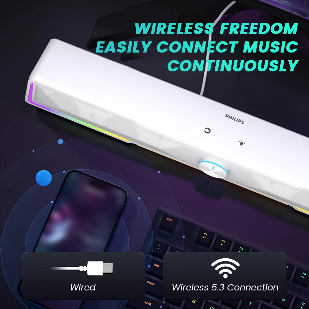 PHILIPS SPA4100 Soundbar Simple Design 52mm Driver Unit Stereo Environment Featuring RGB Light Strips And Independent Knobs - Image 4