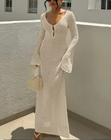 New Style Knitting Hollow Out V-Neck Long Sleeve Dress Ladies Beach Holiday Backless Bikini Cover-Ups Sunscreen Long Dress