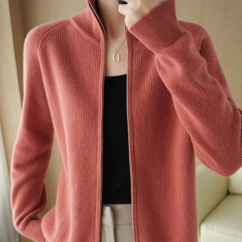 Spring New Knitted Sweater Cardigan Women's Standing High Neck Loose Slimming Knitted Sweater Zipper Solid Color Jacket Autumn
