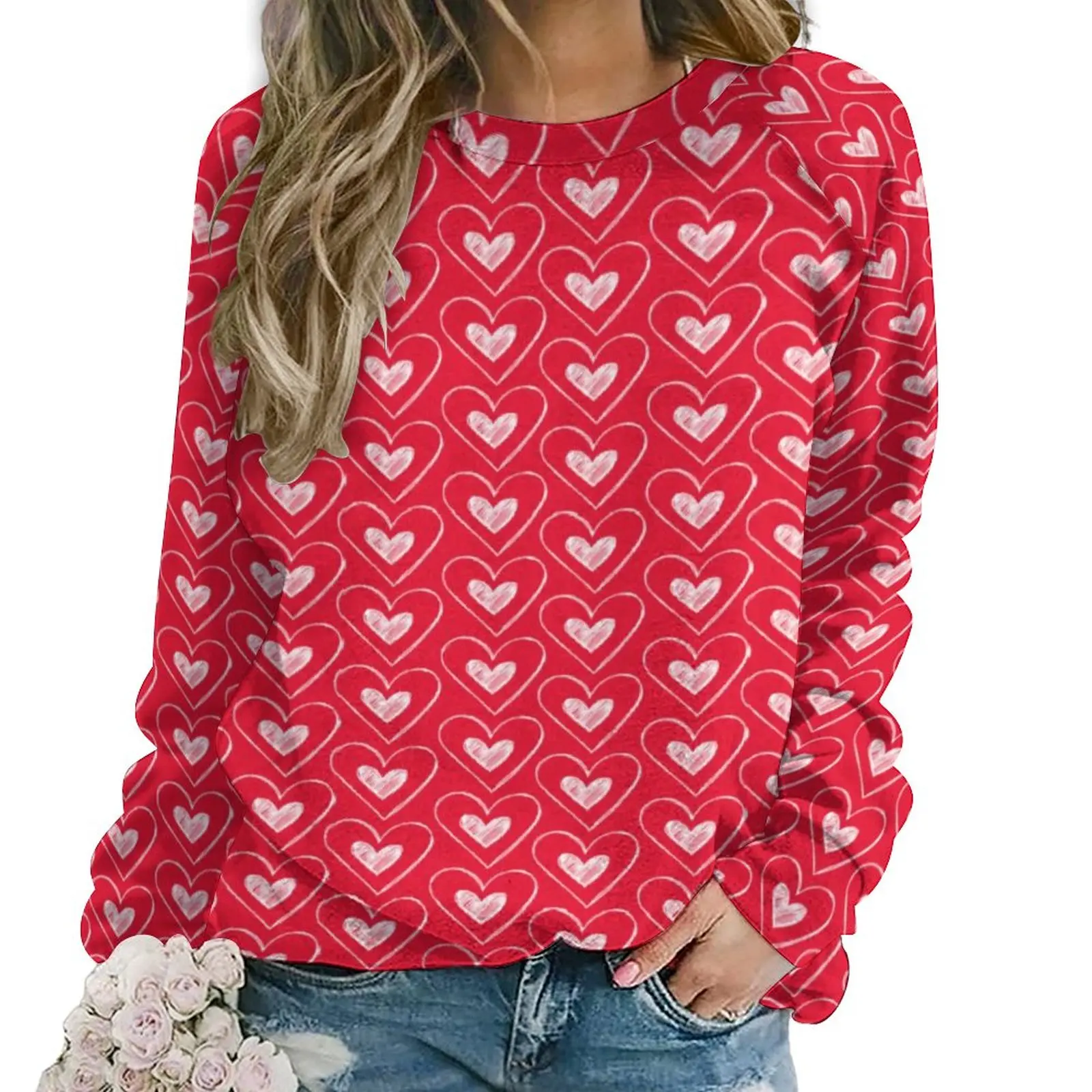 

Red And White Heart Hoodies Lady Long Sleeve Valentines Hearts Modern Casual Hoodie Street Style Oversize Graphic Sweatshirts