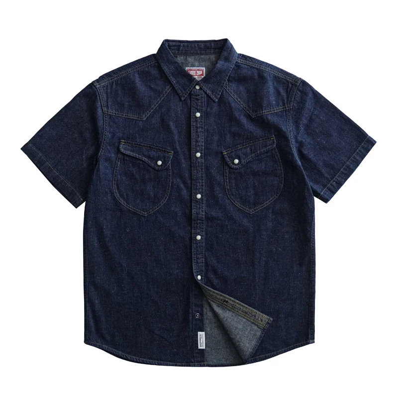 Mens Shirts Summer Short Sleeve Vintage Linen Indigo Denim Shirt Double Pockets Regular Fit