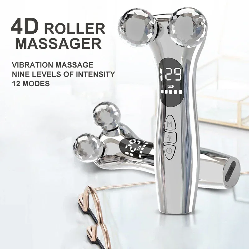 4D Roller Facial Massager EMS Face Lift Device V-Face Slimmer Skin Tightening Double Chin Remover Eye Care Vibration Massager