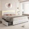 Queen Smart LED Platform Bed Frame with 4 Storage Drawers, Crystal Button-Tufted & Stainless Gold Trim Wingback Headboard 1