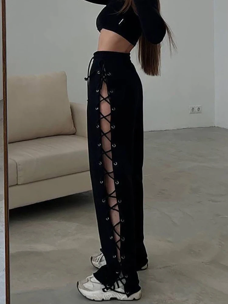 Absobe Side Split Bandage Loose Trousers Women Solid Casual High Rise Fashion Versatile Hollow Wide Leg Lace Up Pants Streetwear