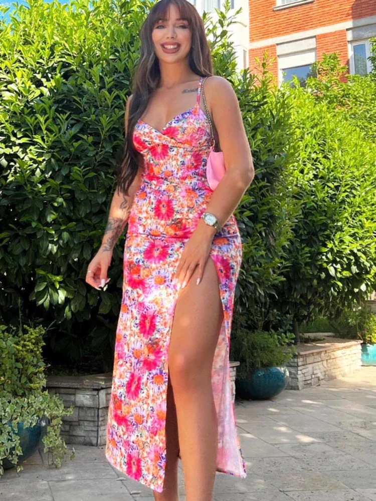 

Women's 2023 Summer Digital Print Colored V-Neck Mid Length Split Sleeveless Sling Dress