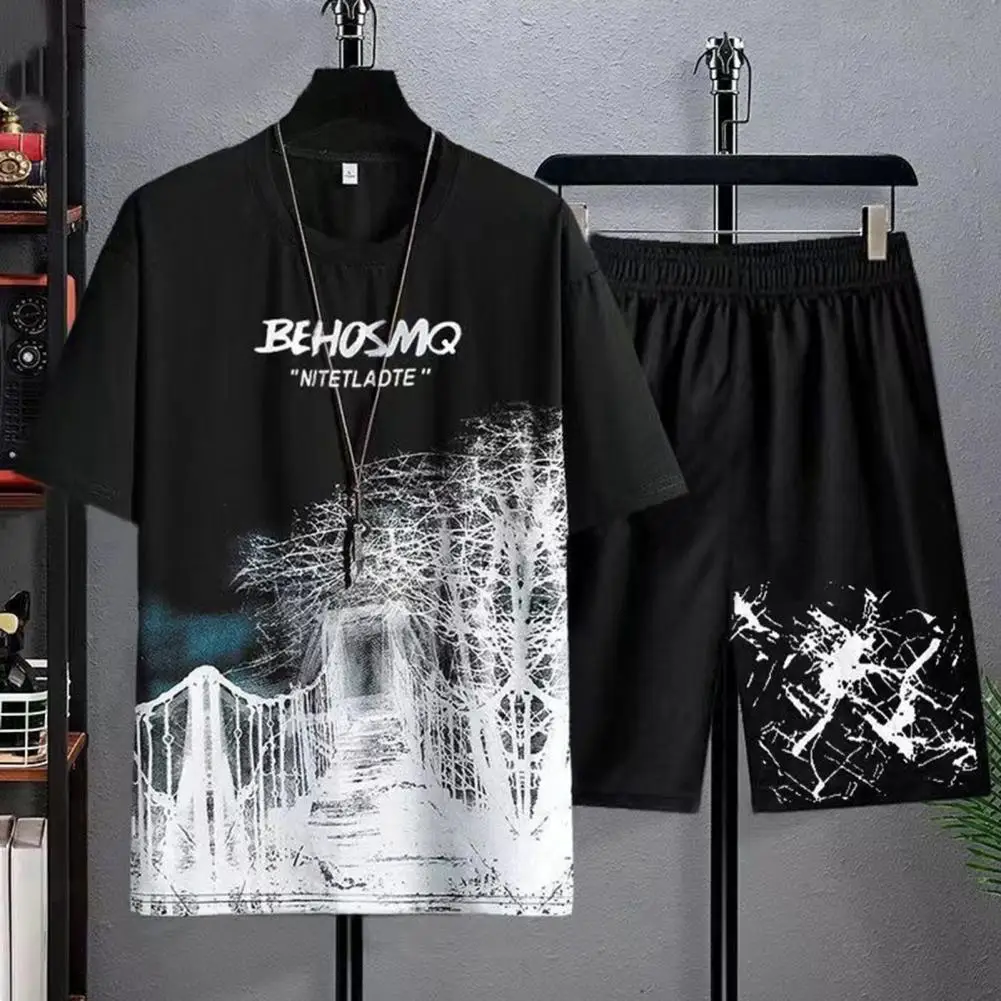 

Leisure Outfit Breathable O-Neck Thin Gradient Color Printing Tops Loose Shorts Sportswear Sports Suit Moisture Wicking