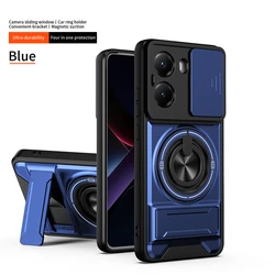 Magnetic Ring Stand Holder Phone Case with Shockproof Slide Lens Protector Cover - Poco X5 (Blue)