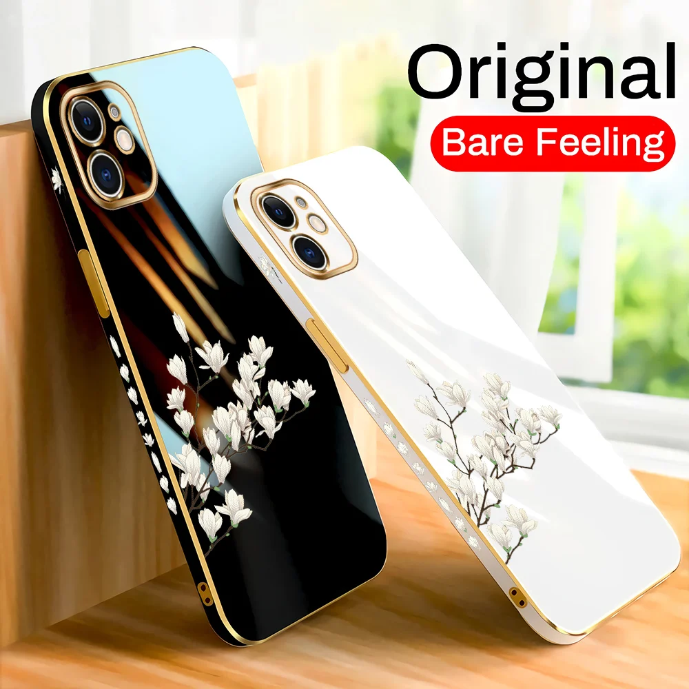 Custodia Per Cordino Per Samsung Galaxy S22 Ultra 5G S21 Plus S20 Fe S10 Nice Magnolia Flower Square Edge Pattern Placcato Custodia Per Telefono