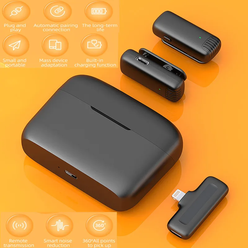 Noise Cancelling Live Video Portable 1 to 2 Mini Lavalier Wireless Microphone Clip-on With Charging Case For OS Devices