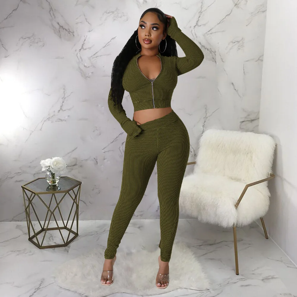 

Sporty Two Piece Sets Women Outfit Solid Long Sleeves Zipper Sexy Crop Top Tracksuits Fall Winter Casual Skinny Yoga Pant Sets