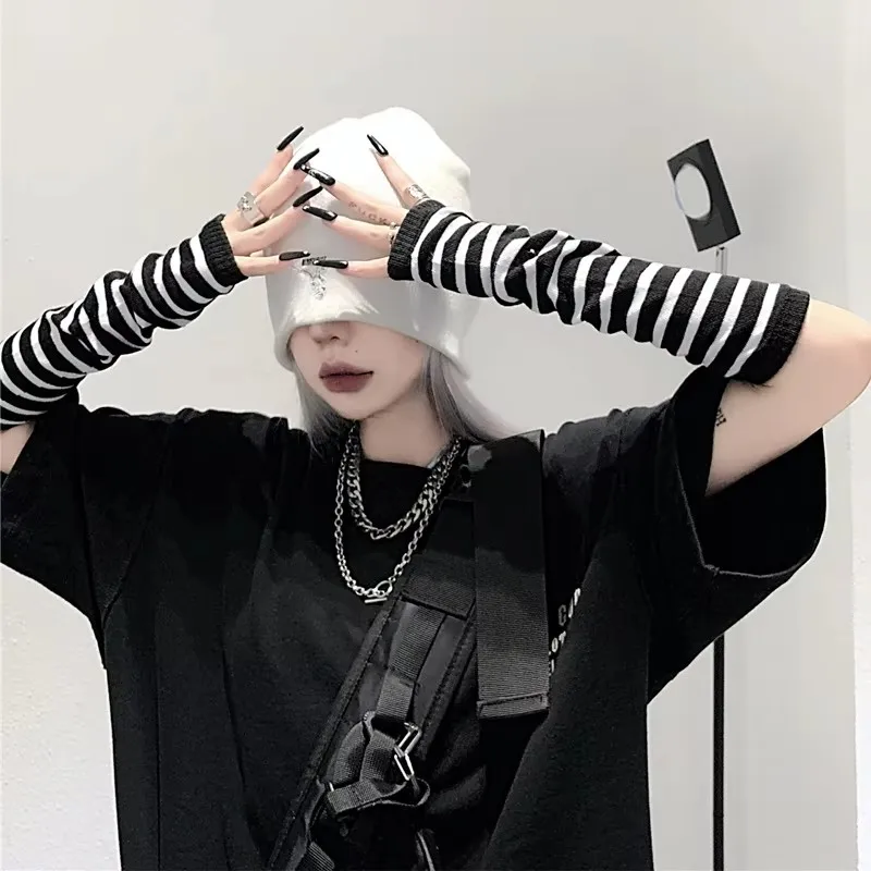 Fingerless Gloves Warm Gloves Fingerless Compression Gloves Fashion Classic Gothic Striped Knitted Long Gloves Fingerless Oversleeve for Women Female Stretch Winter Arm Warmer Gloves