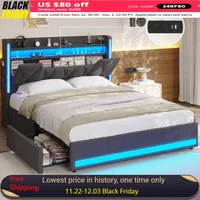 Queen Bed Frame with 4 Storage Drawers, Headboard and Storage, LED with Charging Station, No Box Springs Needed, Bed Frame 1