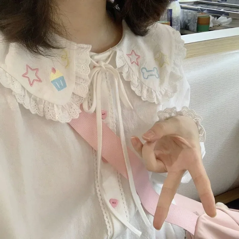 

Japanese Kawaii Shirt Women Lace Patchwork Peter Pan Collar Spring Blouses Vintage Sweet Embroidery Long Sleeve Cute Tops