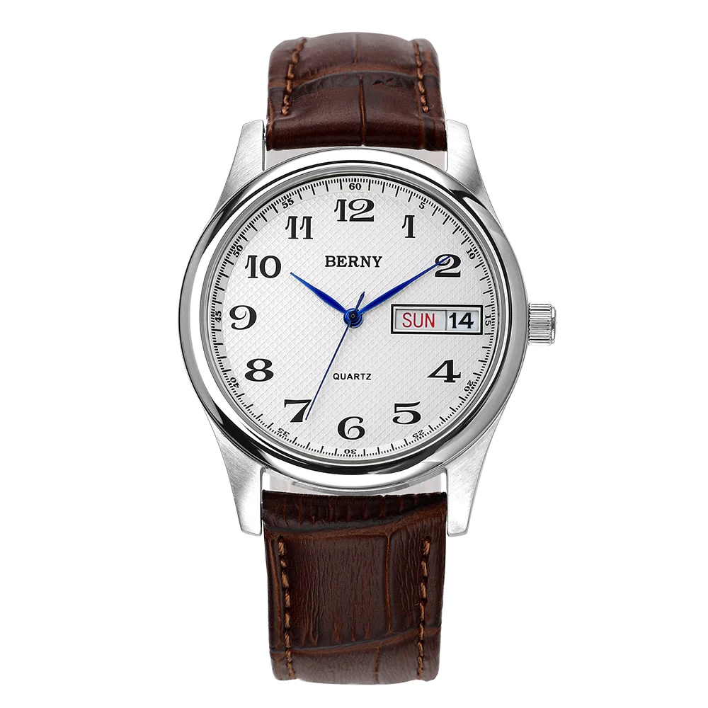 Berny Orologio Da Uomo Al Quarzo Day Date Calendar Orologio Da Polso Impermeabile Blued Steel Hands Numeri Arabi Facile Lettura Relogio Masculino