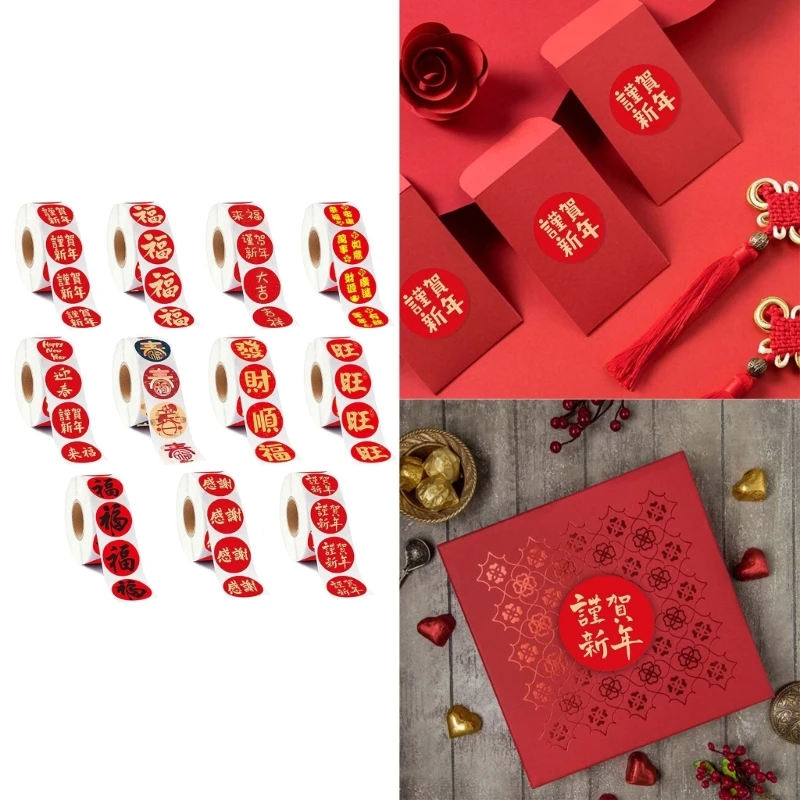 

KX4B 500Pcs/Roll Happy Chinese New Year Wishing Stickers Candy Adhesive Round Sticker