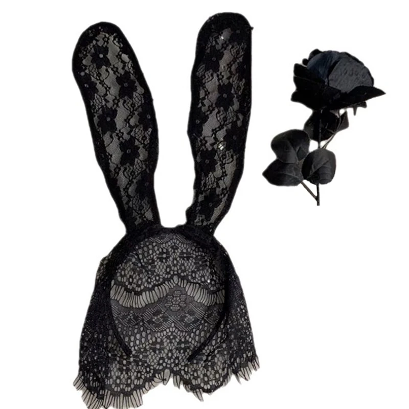 Gothic Lace Rabbit Bunny Ears Veil Black Eye Mask Halloween  display picture 2