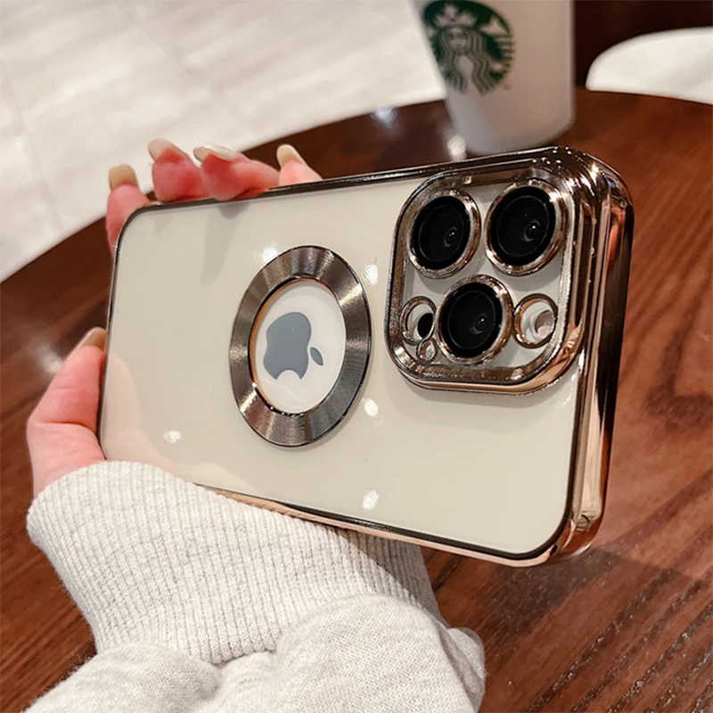 Luxury Cutout Reveal Logo With Lens Protector Clear Case for iPhone 13 12 11 Pro Max XR XS X 7 8 Plus Transparent Silicone Cover