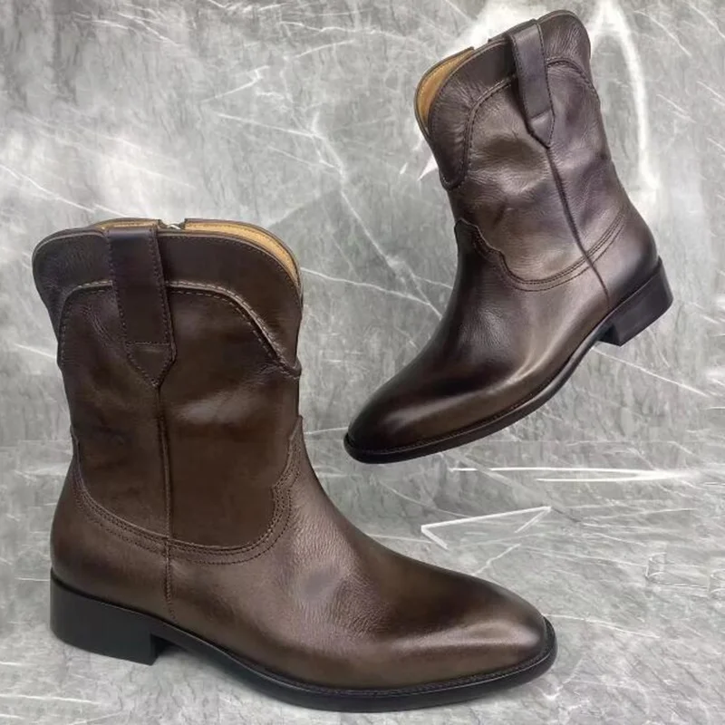 

New Stylish Brown Genuine Leather Cowboy Boots Handmade Pointed Toe Autumn Winter Shoes For Men Luxury Short Mens Western Boots