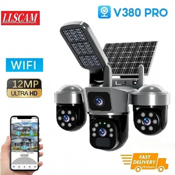 12MP WIFI IP Camera Outdoor Solar Wireless Camera Auto Tracking Security Protection CCTV Surveillance V380 Outdoor Solar lights