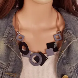 Geometric Wood Statement Bib Necklace for Women - Vintage Ethnic Fashion Jewelry (Black)
